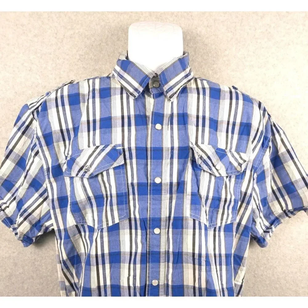 Southpole‎ Mens Button Up Shirt Short Sleeve XL Hexagon Product Blue Stripe